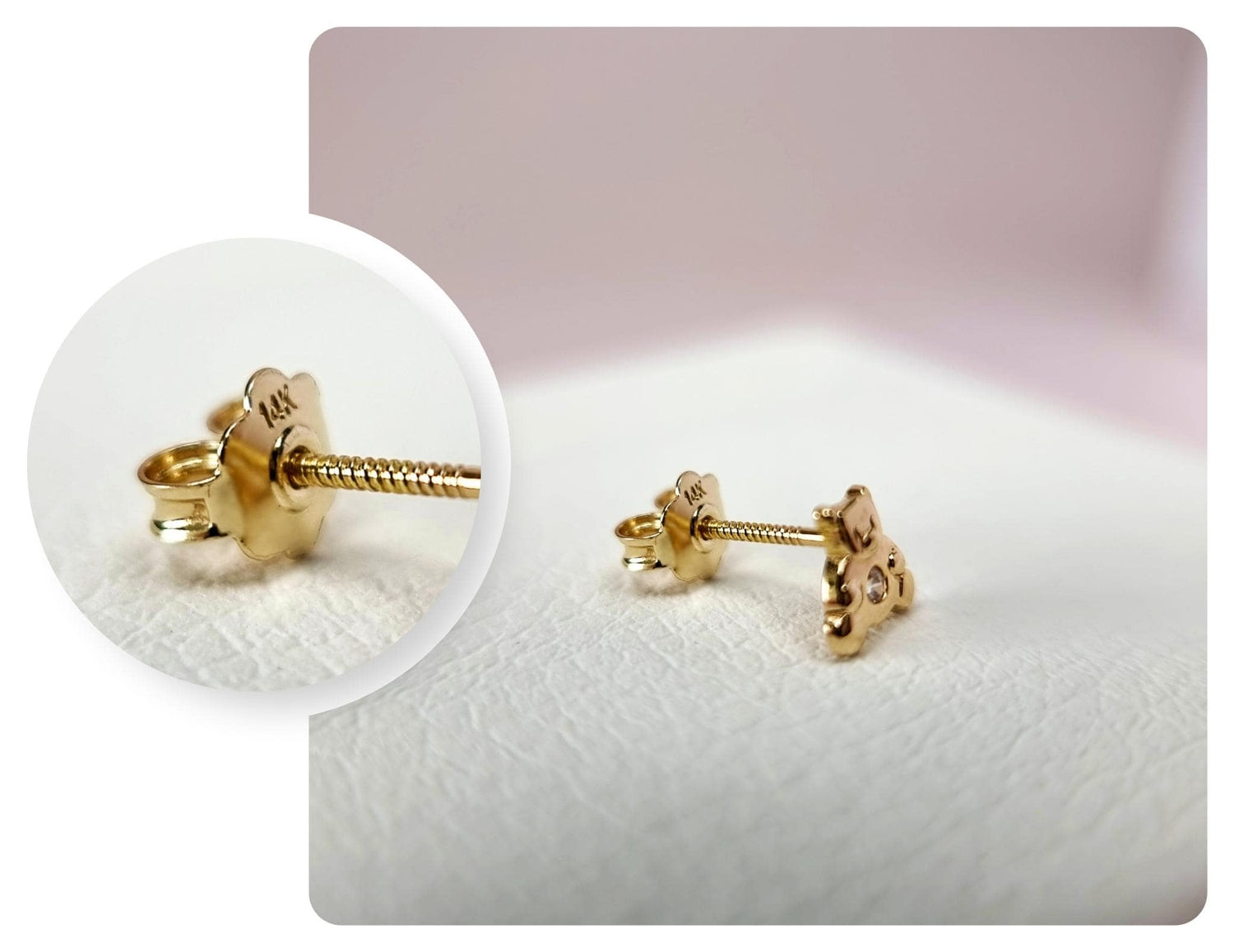14K Gold Zircon Teddy Bear Screw Back Girls Earrings | Begonia Jewelry