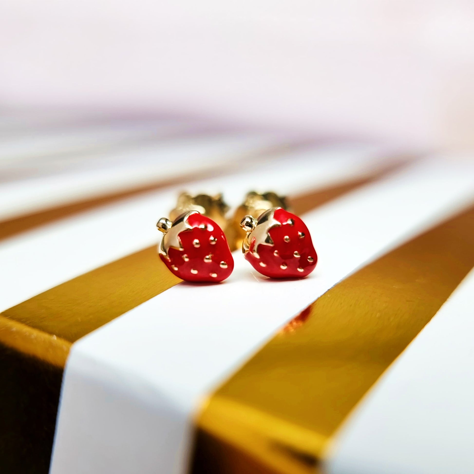 14K Gold Enamel Strawberry Screw Back Girls Earrings | Begonia Jewelry